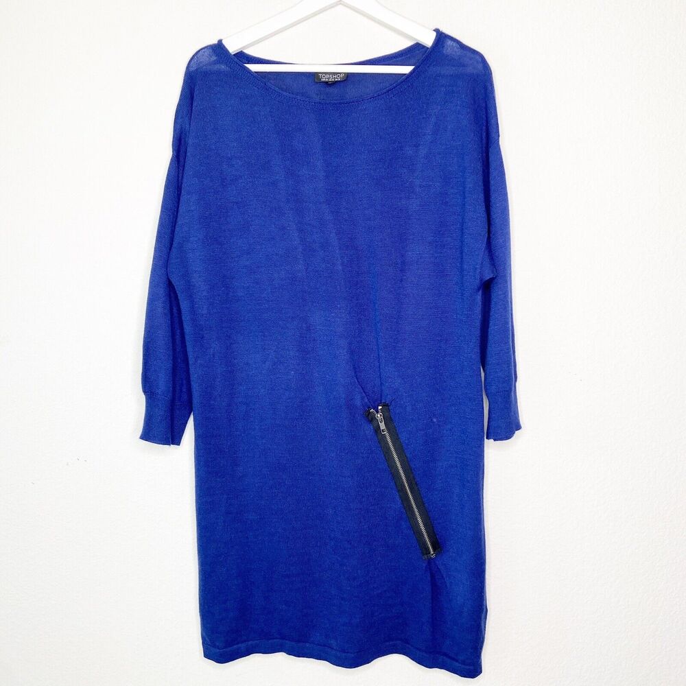 Topshop Blue Diagonal Zipper Detail Wool Blend Sweater Dress Sz 12